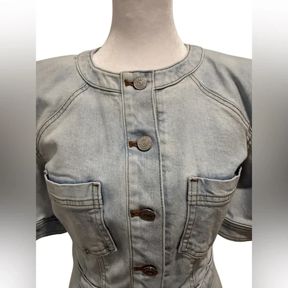 Express Light Blue Denim Padded Shoulder Button up mini dress Size S - Picture 3 of 10